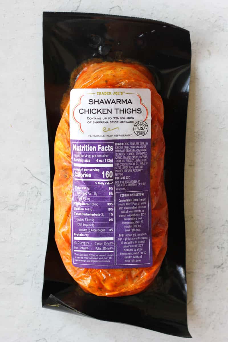 Trader Joe's shawarma chicken thighs package on the table