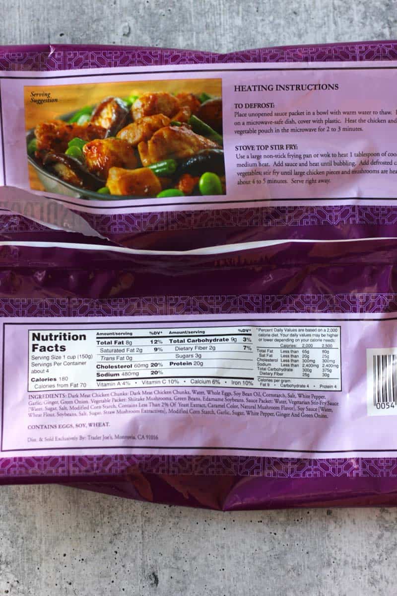 a package of Trader Joe's shiitake mushroom chicken, nutrition label