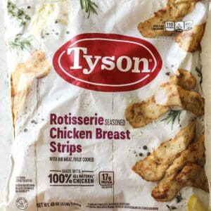 the package of Tyson rotisserie chicken breast strips