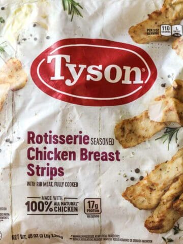 the package of Tyson rotisserie chicken breast strips