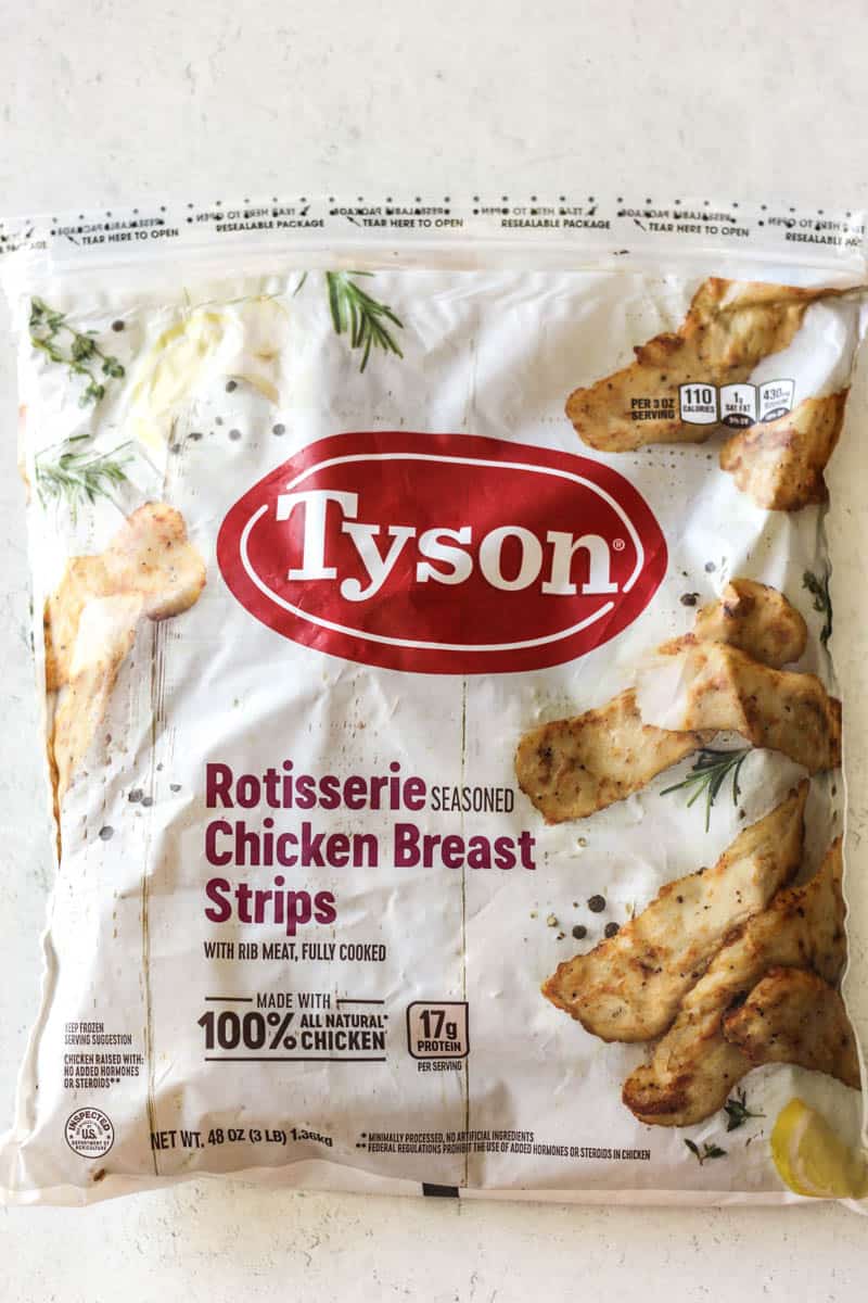 the package of Tyson rotisserie chicken breast strips